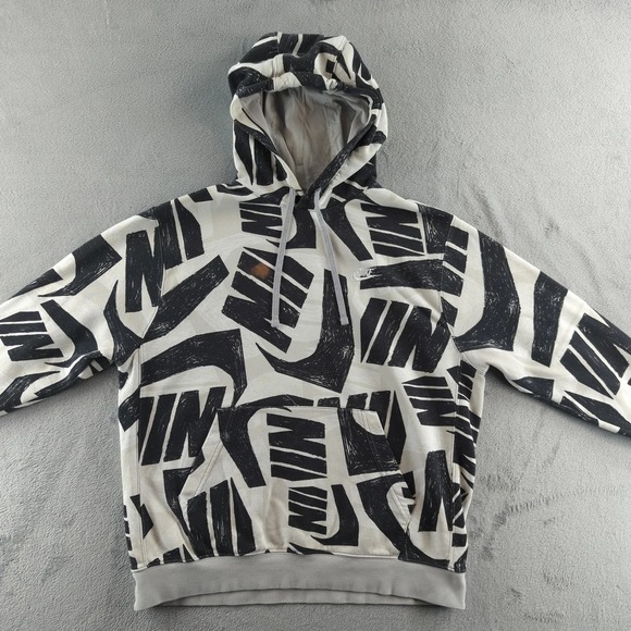 Nike Hoodie Mens Large White Black All Over Swoosh Logo Pullover Sweatshirt - Picture 10 of 12